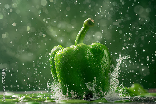 Green pepper with lots of water splashes on a green background with space for your text