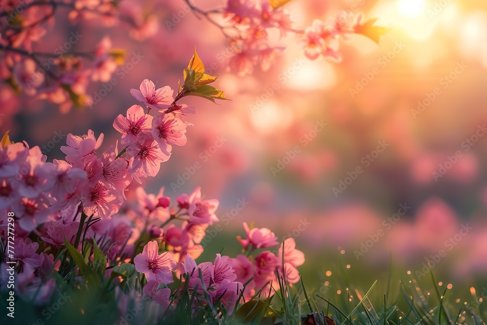 Pink cherry tree blossom flowers blooming in a green grass meadow on a spring sunrise natural background Pink cherry tree blossom flowers blooming in a green grass meadow on a spring sunrise natural background