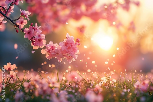 Pink cherry tree blossom flowers blooming in a green grass meadow on a spring sunrise natural background