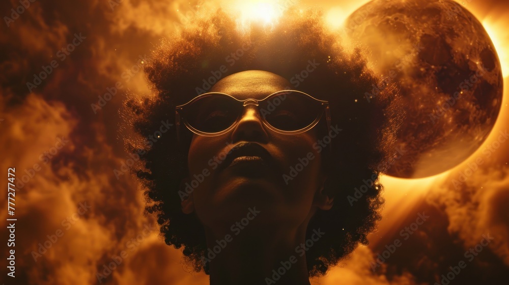 woman with protective glasses and eclipse in background woman with protective glasses and eclipse in background