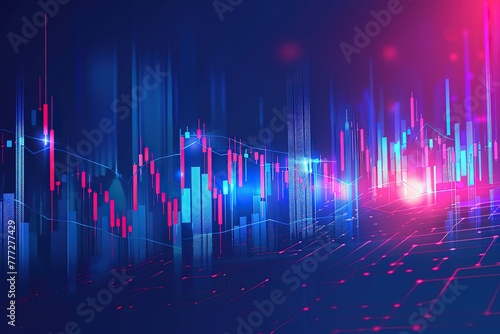 Candle stick graph chart of stock market trading on blue background. Bullish point, Trend of graph illustration