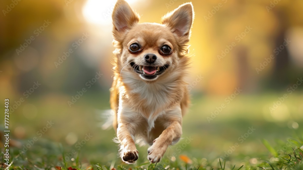 A small chihuahua dog runs happily ahead A small chihuahua dog runs happily ahead