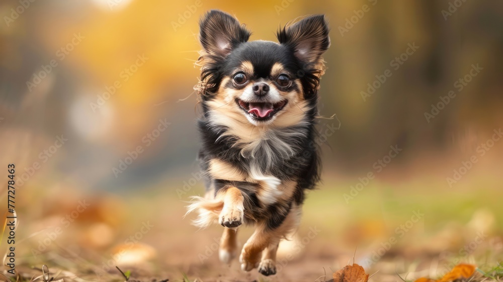 A small chihuahua dog runs happily ahead A small chihuahua dog runs happily ahead