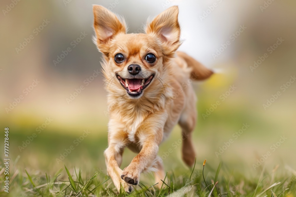 A small chihuahua dog runs happily ahead