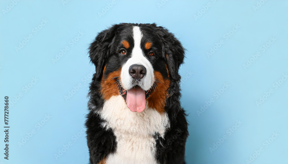 Close up portrait of a bernese mountain dog puppy on a completely light blue background with space for text