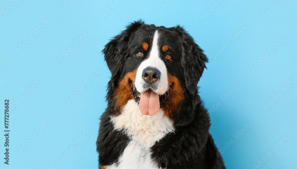 Close up portrait of a bernese mountain dog puppy on a completely light blue background with space for text
