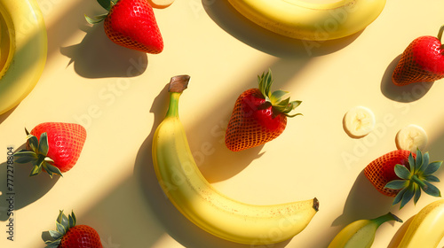 Banana and strawberry pattern, hard shadows. Bananas & strawberries on light yellow background. Fresh strawberries and bananas, natural light. Banana slices, whole strawberries on colored background