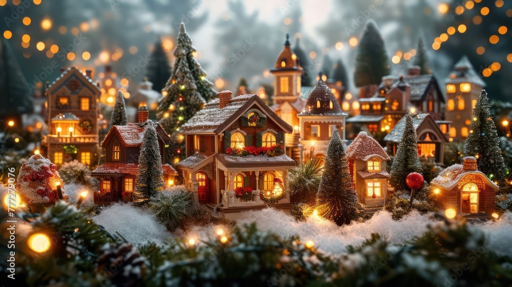 Fototapeta premium Christmas village scene with miniature houses, trees, and lights