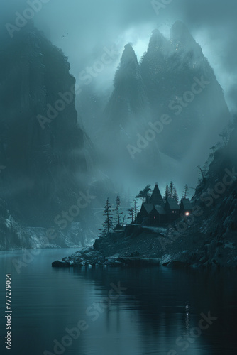 Mystical Landscape  Ethereal mountainous scene shrouded in mist with enigmatic lights.