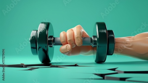 3d rendered cartoon character holding heavy weight barbell on green background with cracked floor. Bodybuilding exercise, motivation clipart.