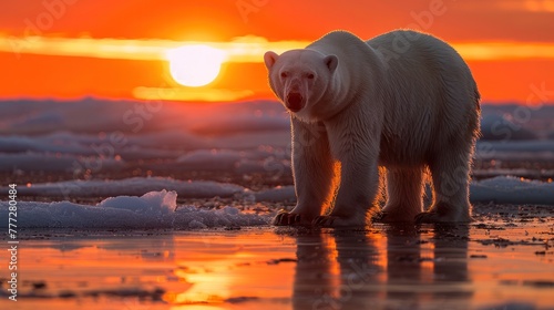 Polar Bear stands on melting sea ice at sunset