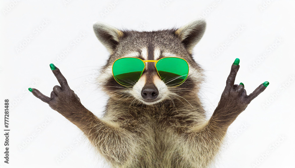Funny raccoon in green sunglasses showing a rock gesture isolated on white background - obrazy, fototapety, plakaty 
