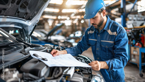 A car mechanic studying the new checklists for engine repairs, dressed in a blue overall and wearing a protective helmet. photo