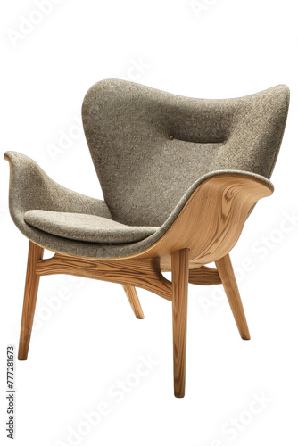 Midcentury modern wooden armchair with grey cushion isolated on white background