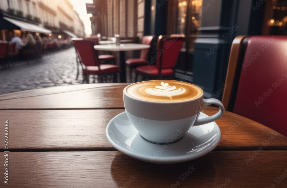 Cup of cappuccino coffee with milk on a wooden table in a cafe. French street cafe. Cup of cappuccino coffee with milk on a wooden table in a cafe. French street cafe.
