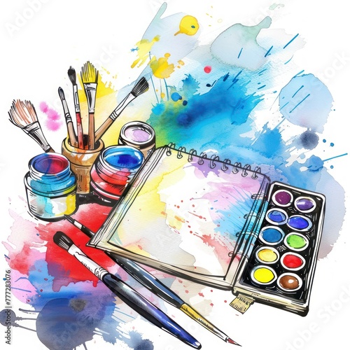 A watercolor clipart of a creative project goal tracker including a palette