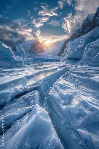 Glacial Landscape, A radiant ice phantom amidst a glacial labyrinth at sunset.