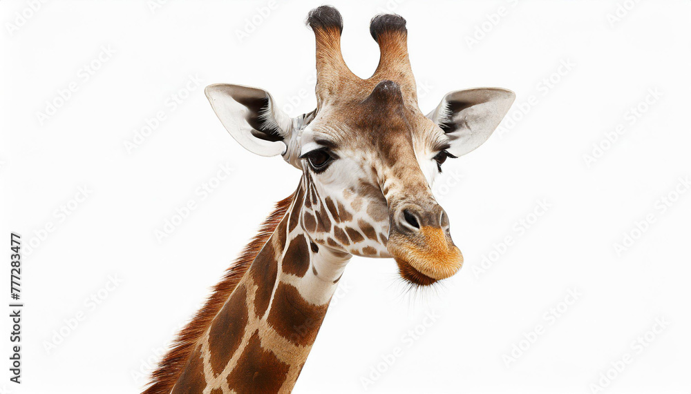 A fun and quirky portrait of a giraffe, upside down, its long neck and curious face presented against a stark white background, a playful twist on wildlife photography