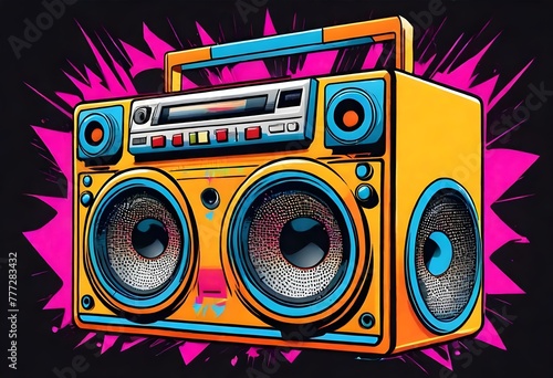 a cartoon ghetto blaster radio stereo speaker.  bright colors. neon photo