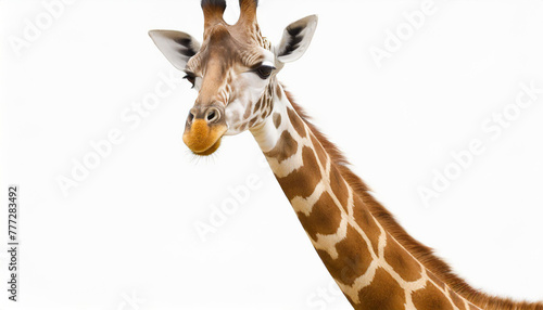 A fun and quirky portrait of a giraffe, upside down, its long neck and curious face presented against a stark white background, a playful twist on wildlife photography photo