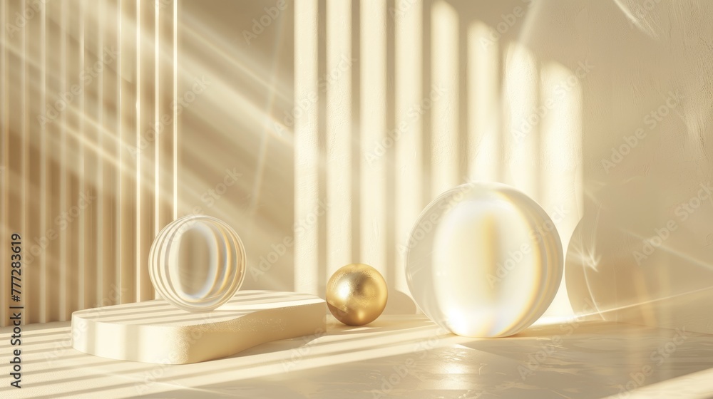 A 3D render with an abstract beige background with sunlight rays. A modern, minimal showcase scene with two podiums, a golden sphere and a glass ball.