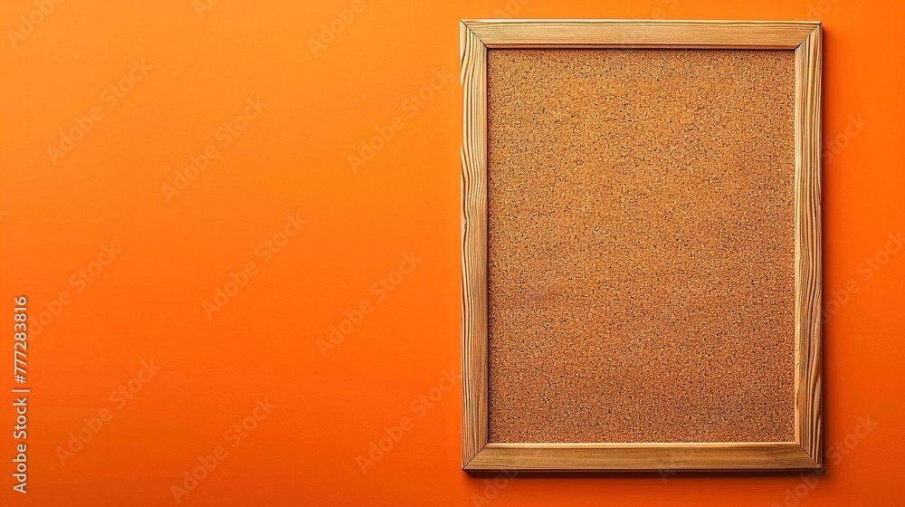 Fototapeta premium Rectangular corkboard with wooden frame on an orange textured wall for picture mockups or lettering