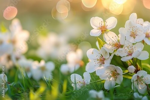 white cherry tree blossom flowers blooming in a green grass meadow on a spring sunrise background 