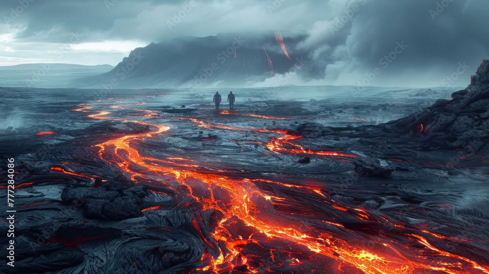 Fantasy Landscape, Travelers tread perilous Obsidian Plains, amidst warping lava rivers.