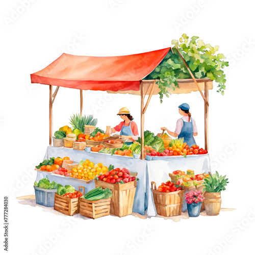 Vegetable market shop with two ladies managing, fruits shop, watercolor painting clipart, small business, owner, independent women, isolated