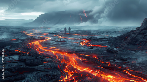 Fantasy Landscape, Travelers tread perilous Obsidian Plains, amidst warping lava rivers. © ChubbyCat