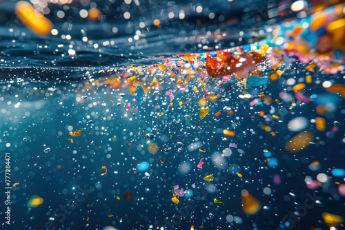 colorful microplastic particles in sea water, environmental pollution concept