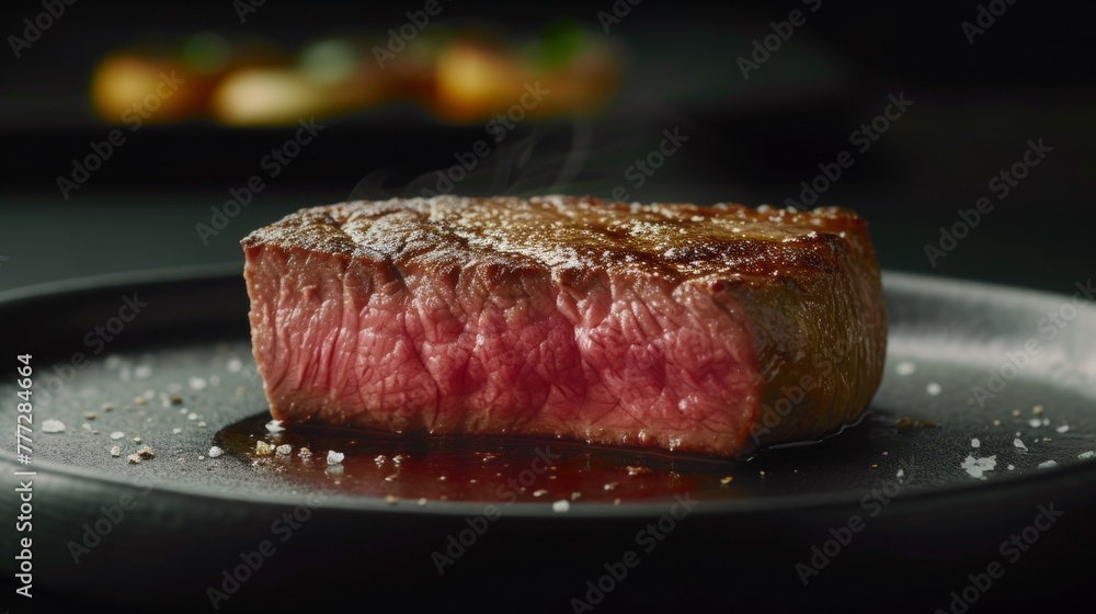 A piece of a steak on top of a black plate, AI