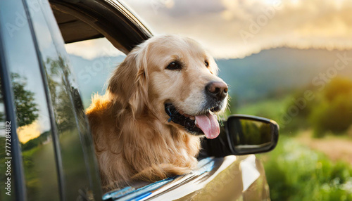 A golden retriever dog peers out from the top of the van. © netsay