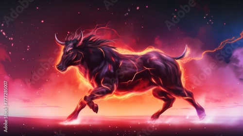Red Fire Bull, sparks fly from under the hooves, bull galloping across night sky background, banner photo