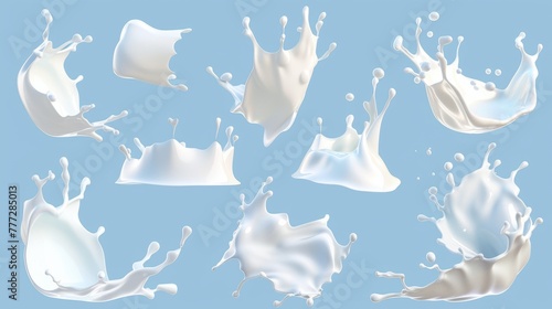Isolated on blue background, this 3D illustration shows milk splashes of assorted shapes. Moisturizing lotion, white cosmetics splashed on blue background. photo