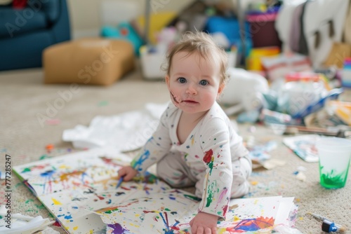Toddler in creative play with paints and paper mess around. generative ai