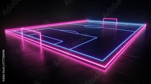The neon soccer field scheme, a football pitch, a virtual sportive game, and the pink blue glowing line in the midst of a black background are rendered in 3D. photo