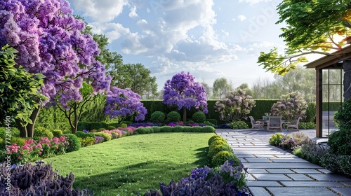 modern private country garden, landscape design, roses, lilac, lawn, clinker paving