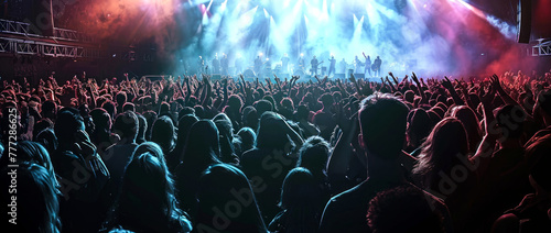 Cheering crowd with raised hands.Silhouette of people in front the scene. Music concert,festival, open air background.stage with searchlight, colorful confetti, bokeh. instrumental music.Generative ai