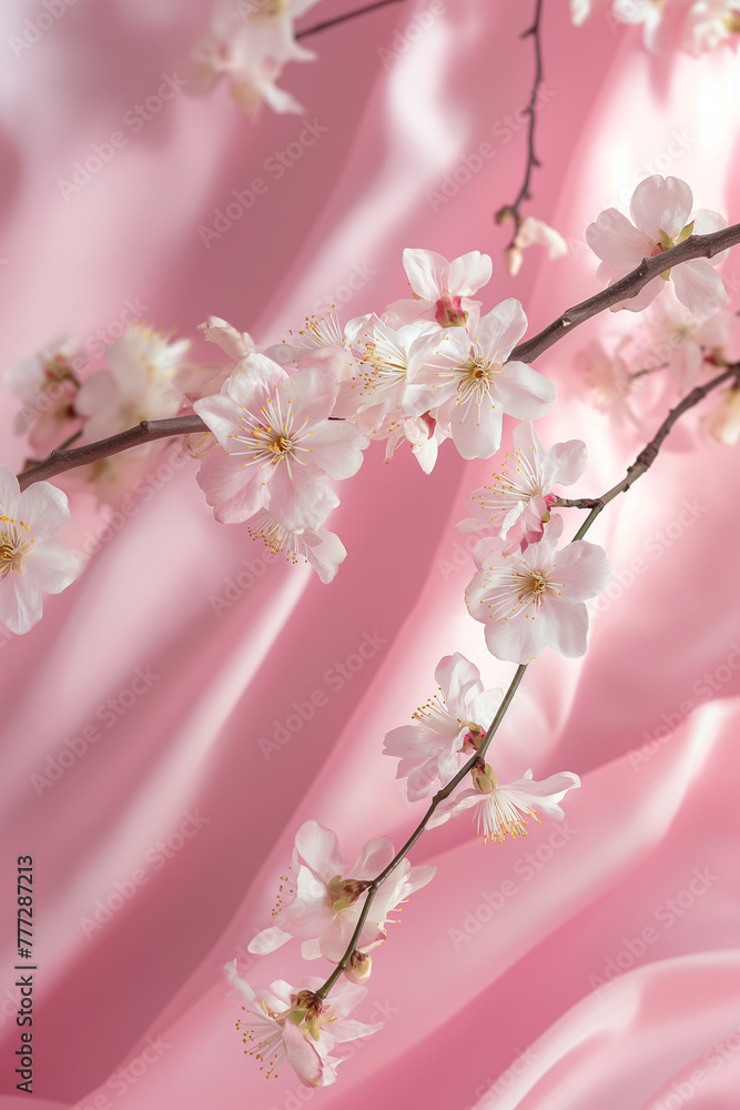 Fototapeta premium Floral background template for product placement. Modern, studio set up, minimal, complementary colors, geometric floral design, vertical.