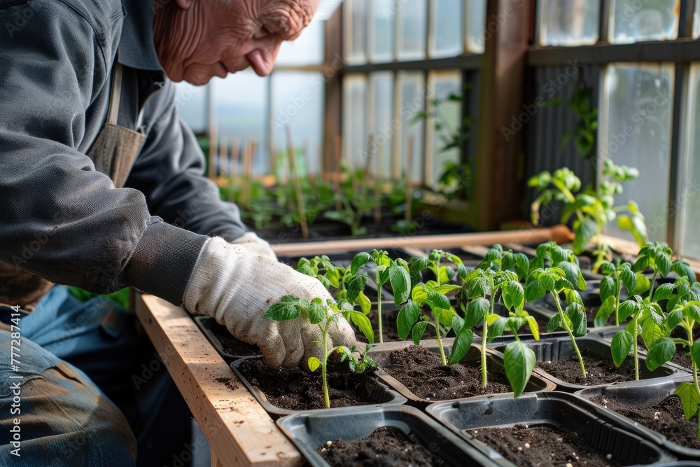 Elderly man planting tomato seedlings in greenhouse. Horticulture, cultivation of organic vegetables, agriculture