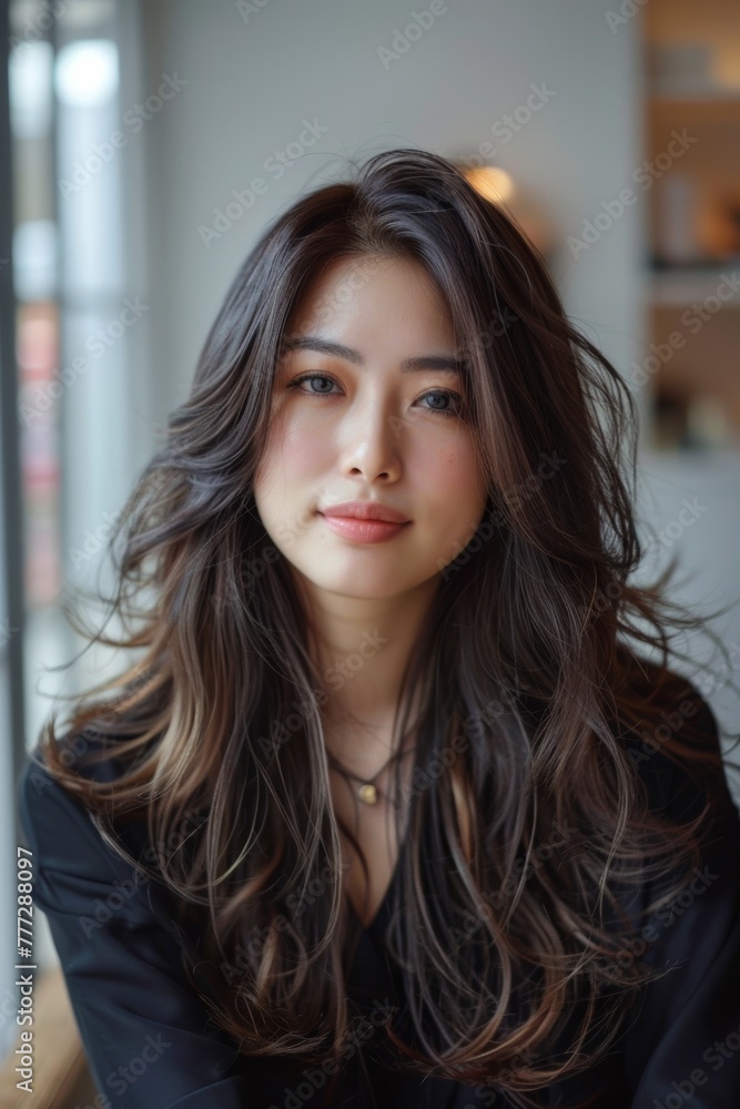 a Japanese woman who has long dark beige hair with highlight designs and balayage , a Japanese woman who has long dark beige hair with highlight designs and balayage ,