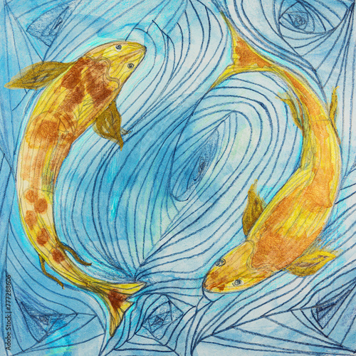 Two gold fish line art doodle. The dabbing technique near the edges gives a soft focus effect due to the altered surface roughness of the paper.