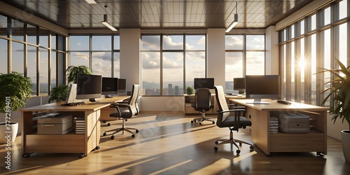 Design of a large office with ample workspaces for a company.AI generated photo