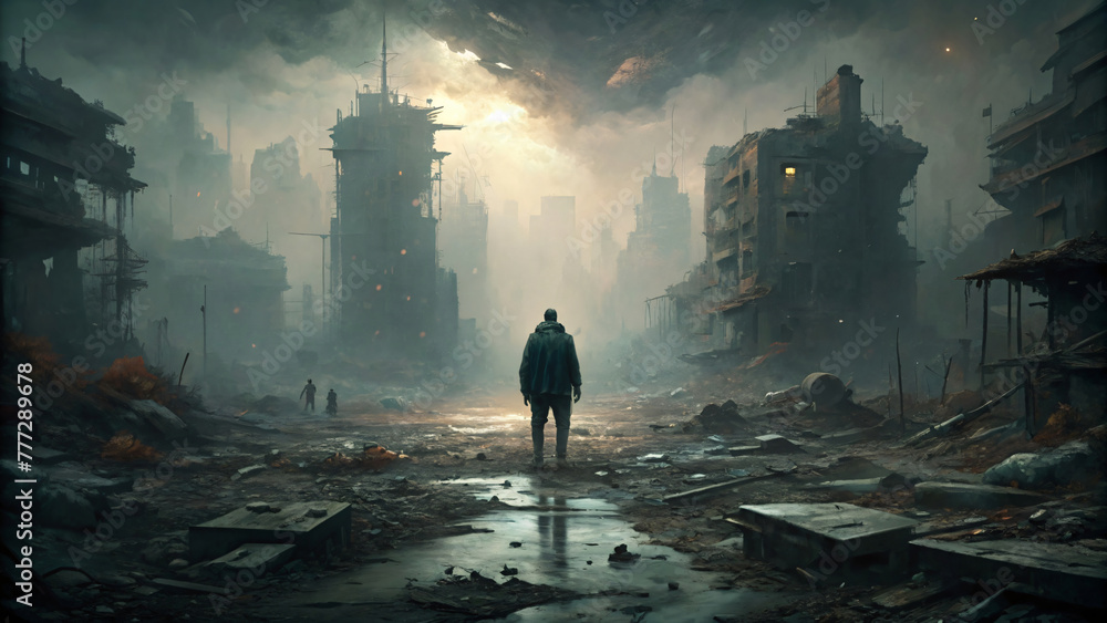 Fototapeta premium Man walking on post apocalyptic scene, dramatic, emptiness