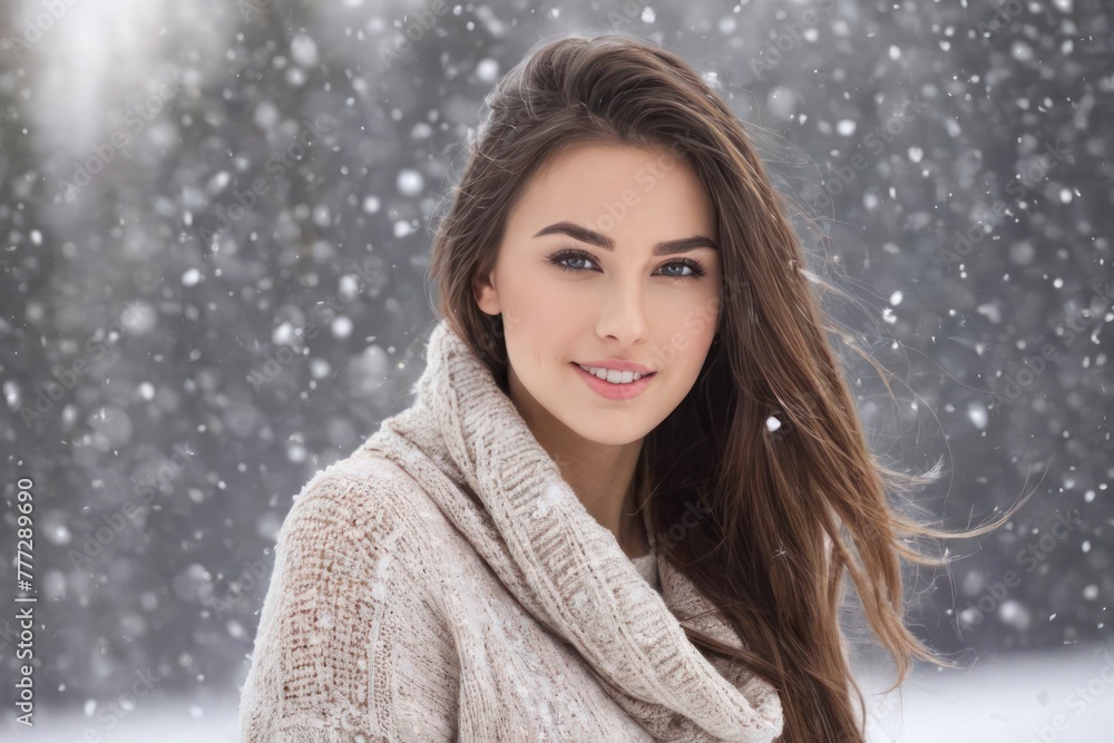 Pretty young woman in sweater with long hair without a hat enjoying snowfall. Bokeh background. Generative AI Pretty young woman in sweater with long hair without a hat enjoying snowfall. Bokeh background. Generative AI