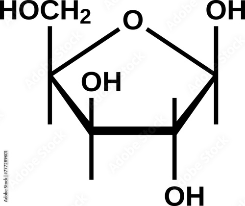 Beta-xylose cyclic structural formula, furanose form of xylose, vector illustration