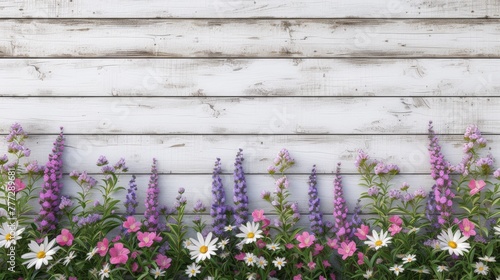 A row of flowers in front of a white painted wood wall, AI