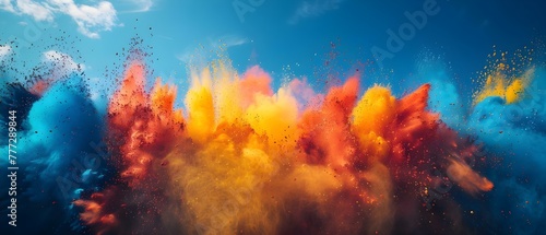 People celebrate Holi festival throwing colorful powder in the air joyfully. Concept Holi Festival, Colorful Celebrations, Tradition, Cultural Event, Festive Atmosphere