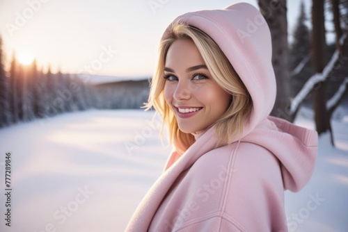 Portrait of beautiful young smiling blonde woman in pink hoodie having fun on sunny winter day. Generative AI